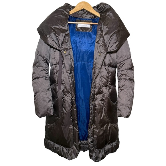 T Tahari 70% Down Long Puffer Coat M Taupe Sculptural Collar Luxe Winter Spring - Picture 3 of 11
